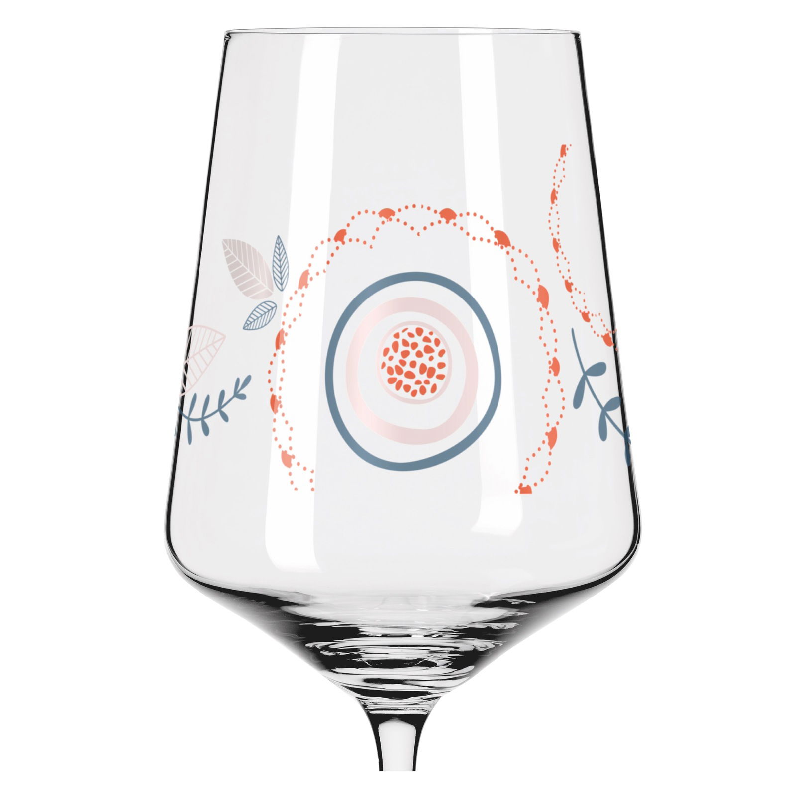Weinglas mit buntem, floralem Muster, seitliche Perspektive