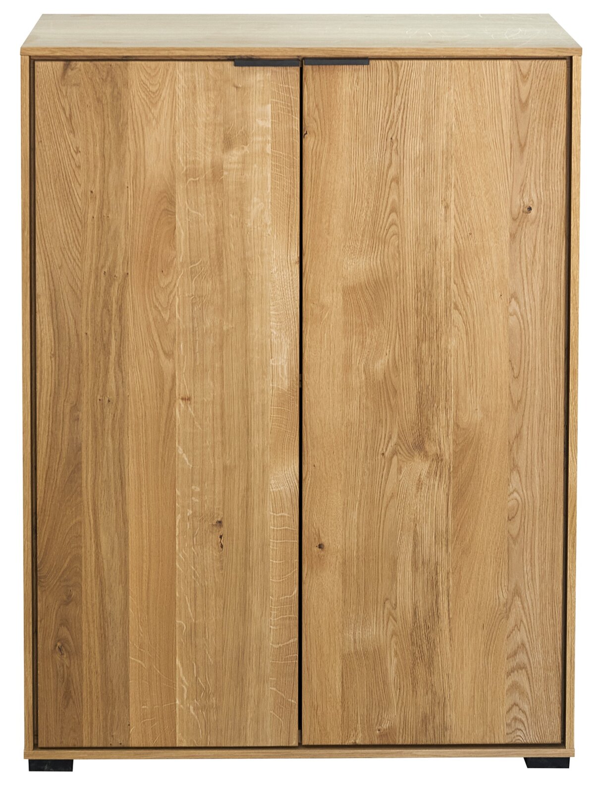 Zweitüriger Holzschrank in Eichenoptik mit schwarzem Griff, Frontansicht