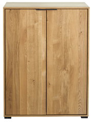 Zweitüriger Holzschrank in Eichenoptik mit schwarzem Griff, Frontansicht