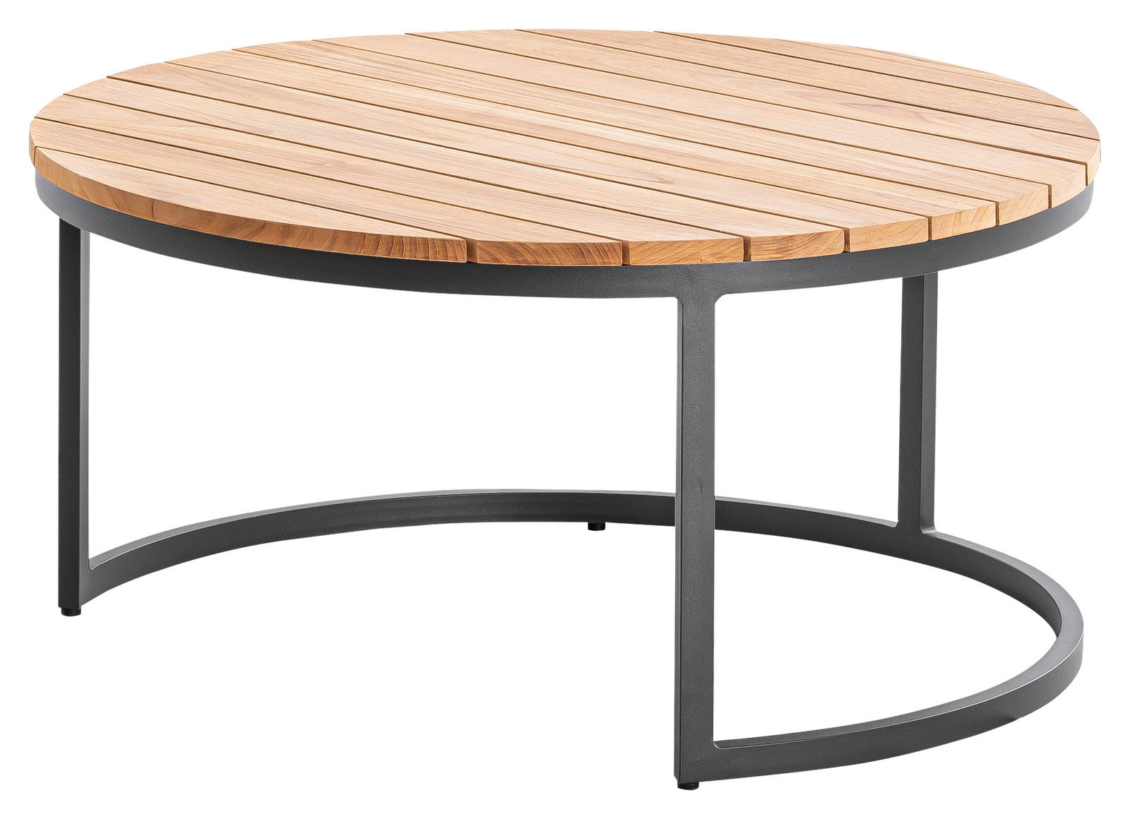 Niehoff-Garden Loungetisch SERRA Runder Loungetisch mit Holzlatten-Oberfläche und schwarzem Metallgestell, seitliche Perspektive