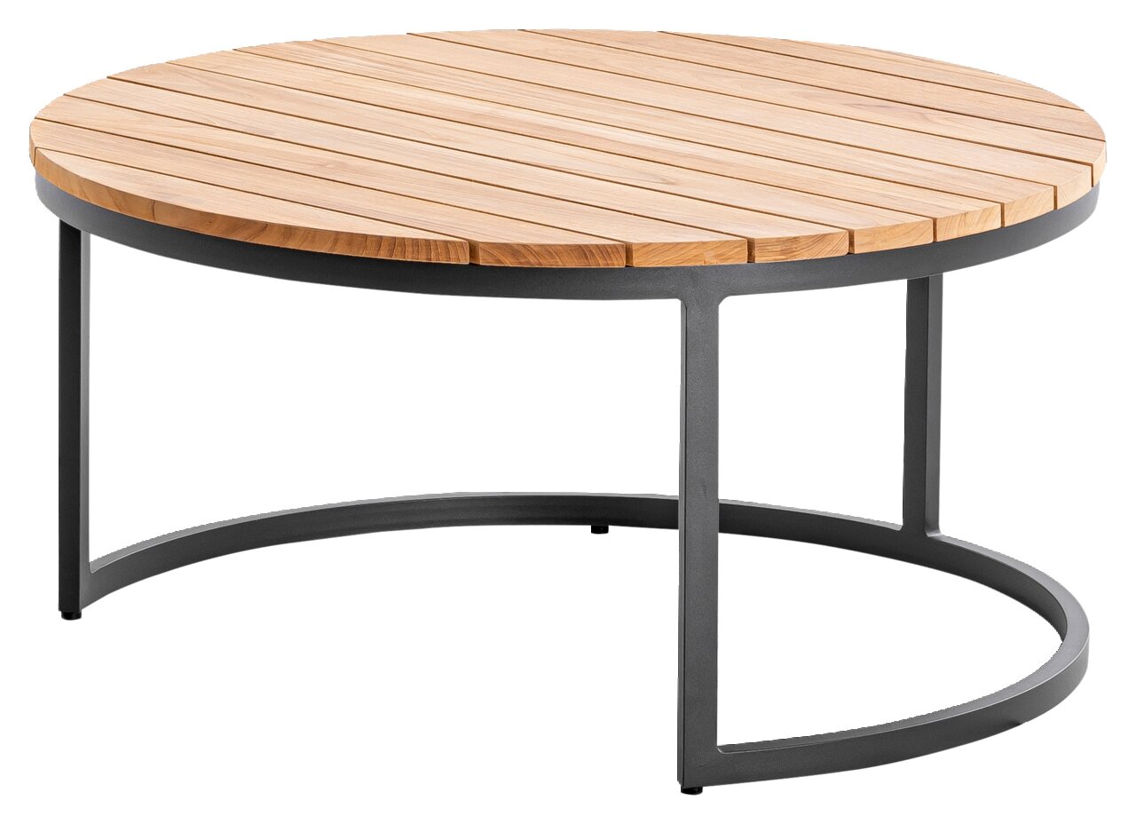 Runder Loungetisch mit Holzlatten-Oberfläche und schwarzem Metallgestell, seitliche Perspektive