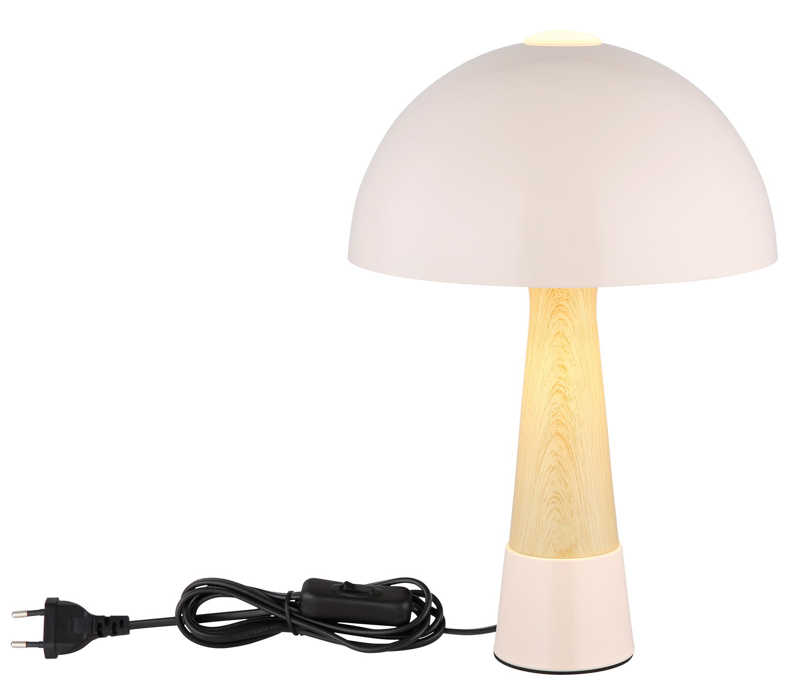 Moderne Tischleuchte mit rundem, cremefarbenem Schirm und Holzoptik-Sockel, seitliche Perspektive