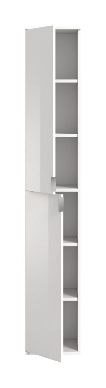 Hochschrank mit geöffneter Tür, weiße Hochglanzoberfläche, fünf Regalfächer, Frontalansicht