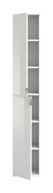 Hochschrank mit geöffneter Tür, weiße Hochglanzoberfläche, fünf Regalfächer, Frontalansicht