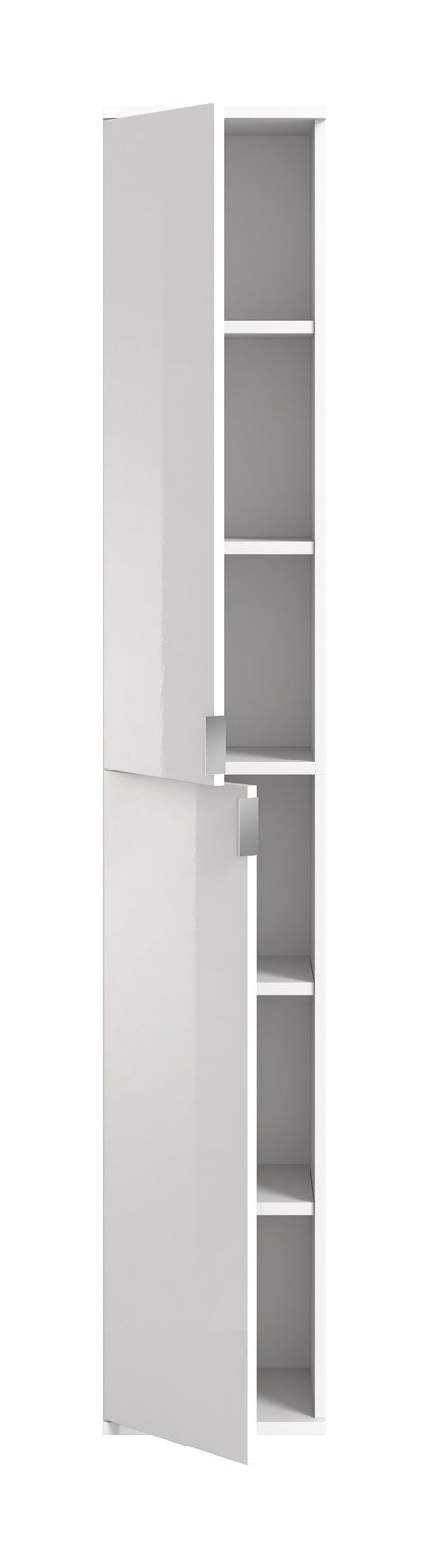 Hochschrank mit geöffneter Tür, weiße Hochglanzoberfläche, fünf Regalfächer, Frontalansicht