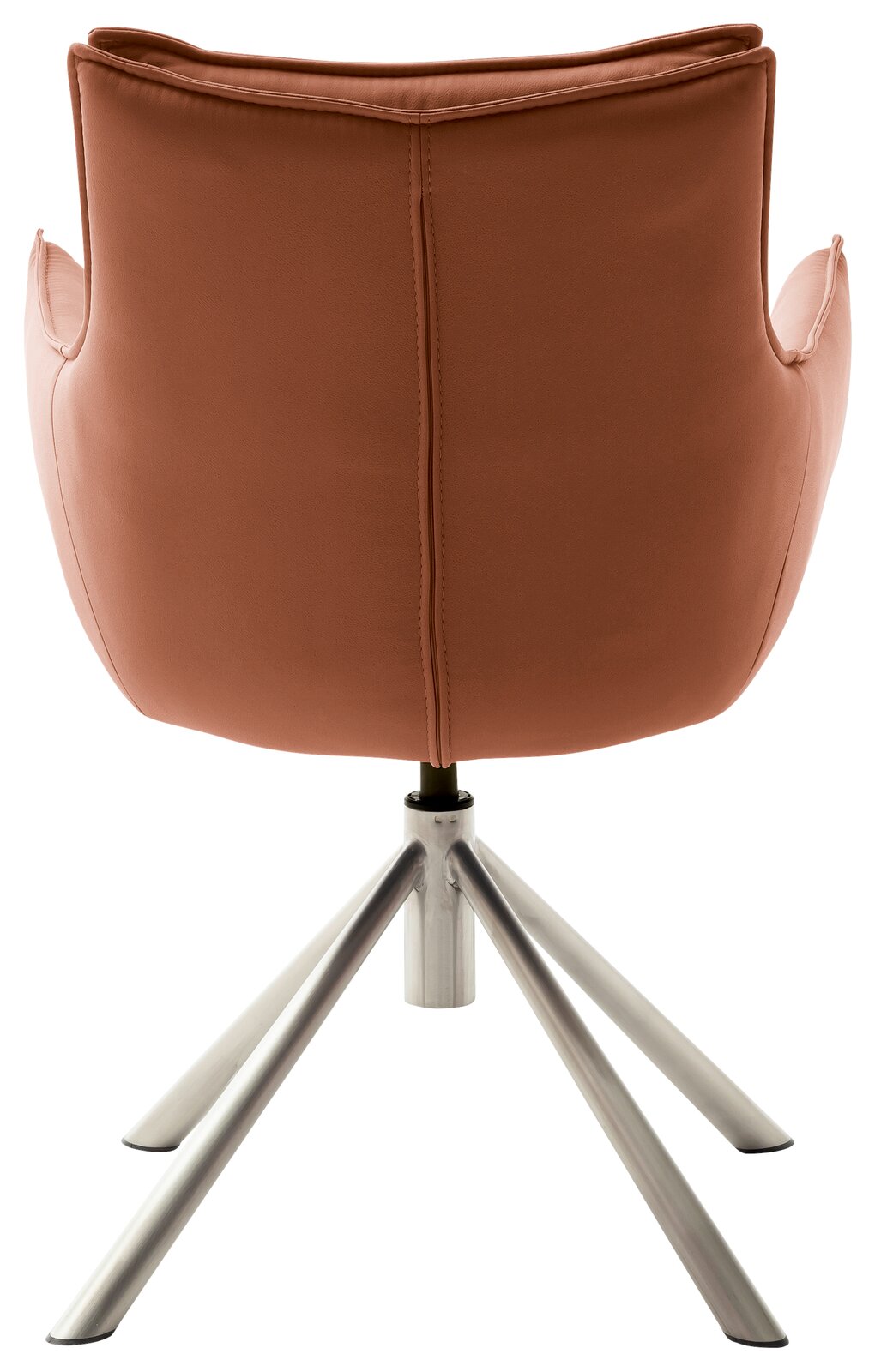 Rückansicht eines modernen Sessels mit braunem Lederbezug und einem stabilen, metallischen Drehfuß.