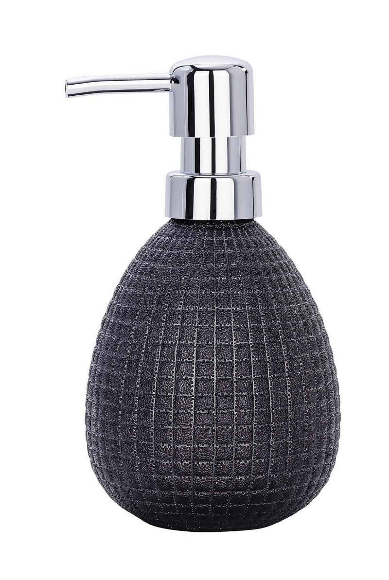 Keramik Seifenspender Polaris in dunklem Design mit strukturierter Oberfläche und glänzendem Pumpkopf, seitliche Perspektive