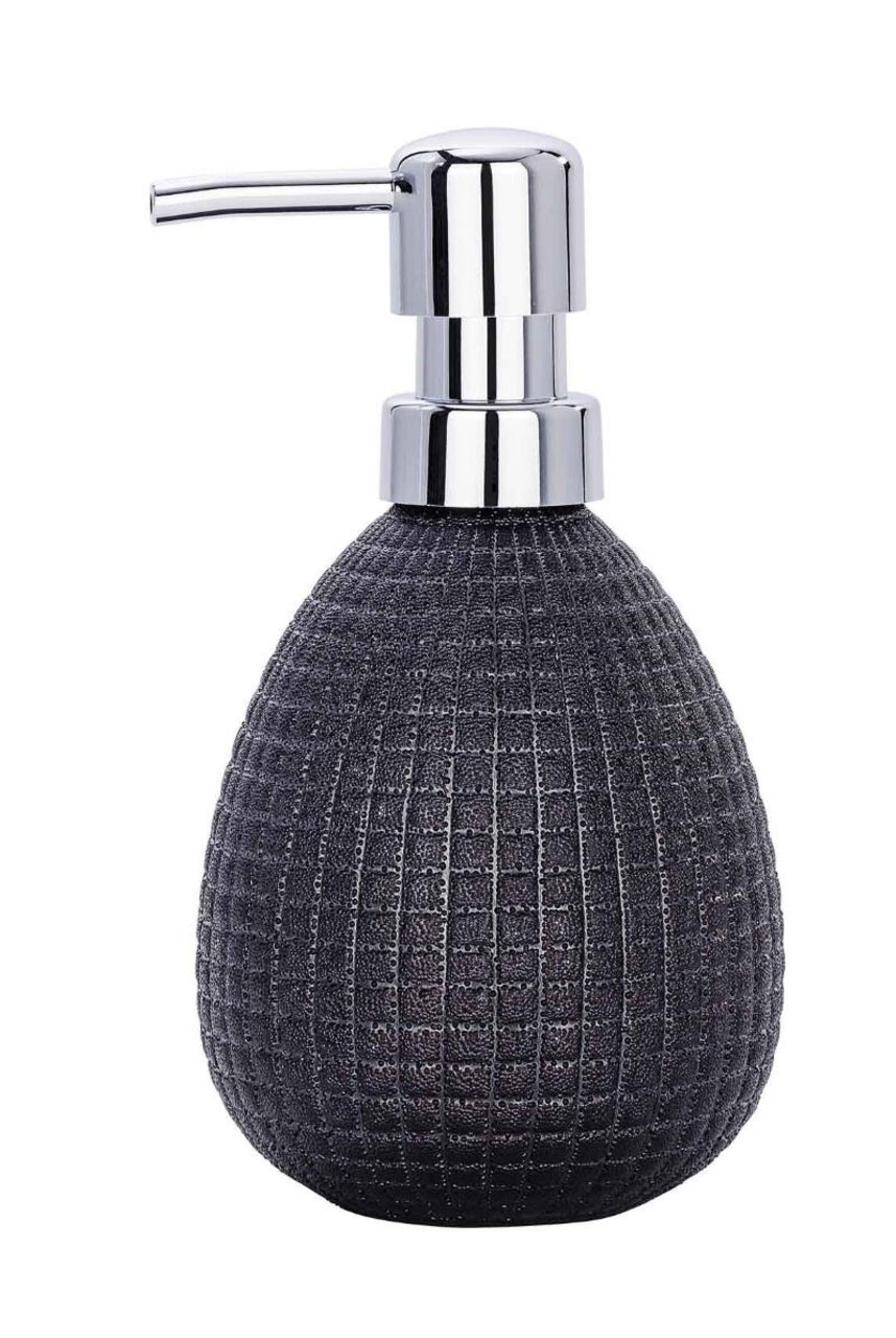 Keramik Seifenspender Polaris in dunklem Design mit strukturierter Oberfläche und glänzendem Pumpkopf, seitliche Perspektive