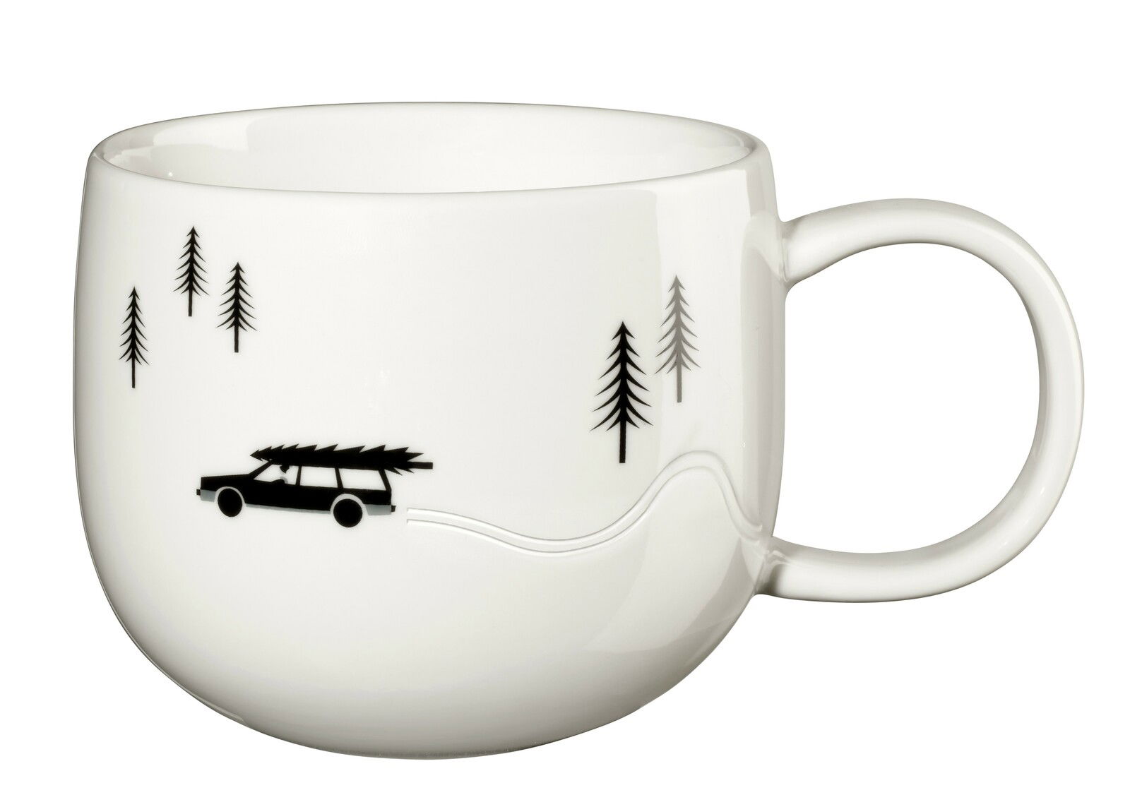 ASA SELECTION Henkelbecher JOY XMAS Weißer Henkelbecher mit schwarzem Auto und Tannenbaum-Motiv, seitliche Perspektive