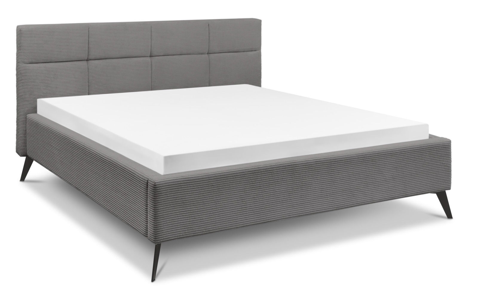Graues Polsterbett mit gestepptem Kopfteil, seitliche Perspektive