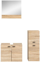 Badezimmermöbel-Set in Holzoptik, bestehend aus einem Spiegel, einem Unterschrank und einem Hochschrank, frontal abgebildet.