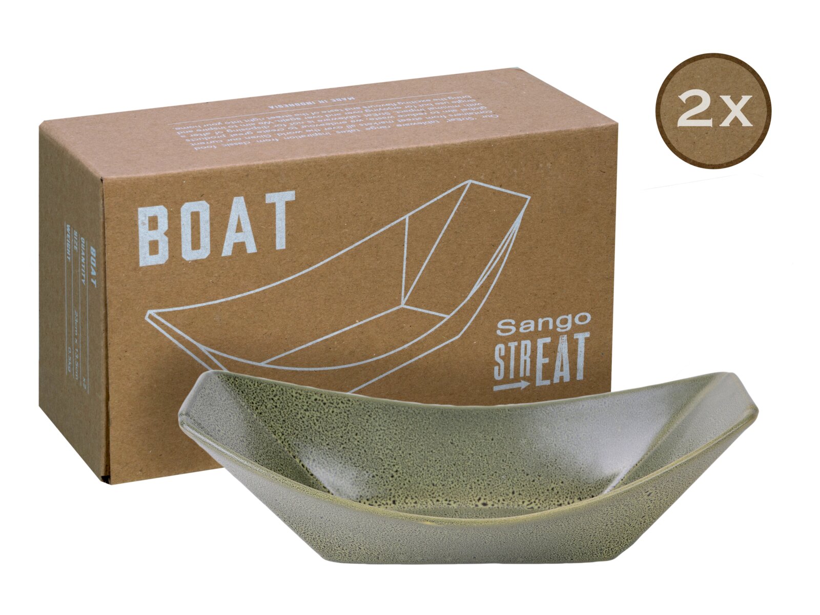 Creatable Boat 2-tlg STREET FOOD Keramik-Servierschale in Bootform (Sango Streat „Boat“) in gesprenkeltem Grau-Grün vor brauner Produktverpackung mit Boot-Illustration und „2x“-Hinweis, perspektivisch schräg von vorn aufgenommen.
