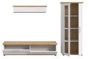 Wohnkombination VERONA in heller Holzoptik mit Vitrine, TV-Board und Wandregal, Frontalansicht