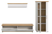 Wohnkombination VERONA in heller Holzoptik mit Vitrine, TV-Board und Wandregal, Frontalansicht