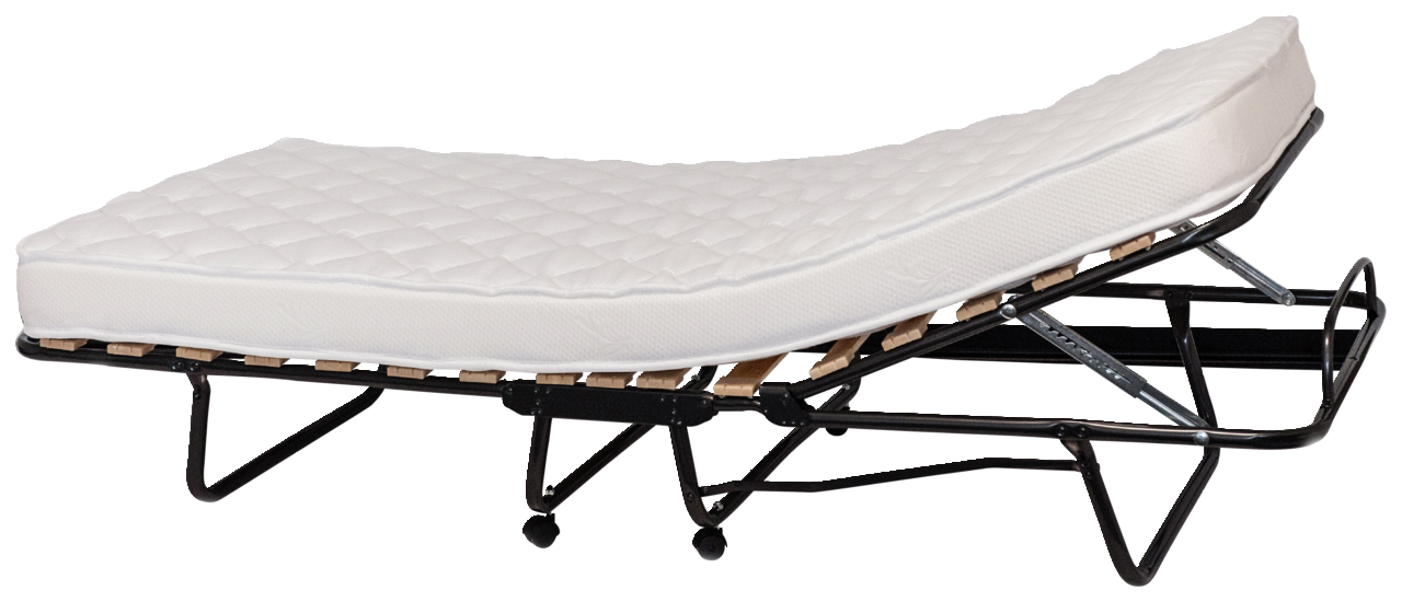 Seitliche Ansicht eines zusammenklappbaren Gästebetts mit weißer Matratze auf einem Metallrahmen mit Rollen.