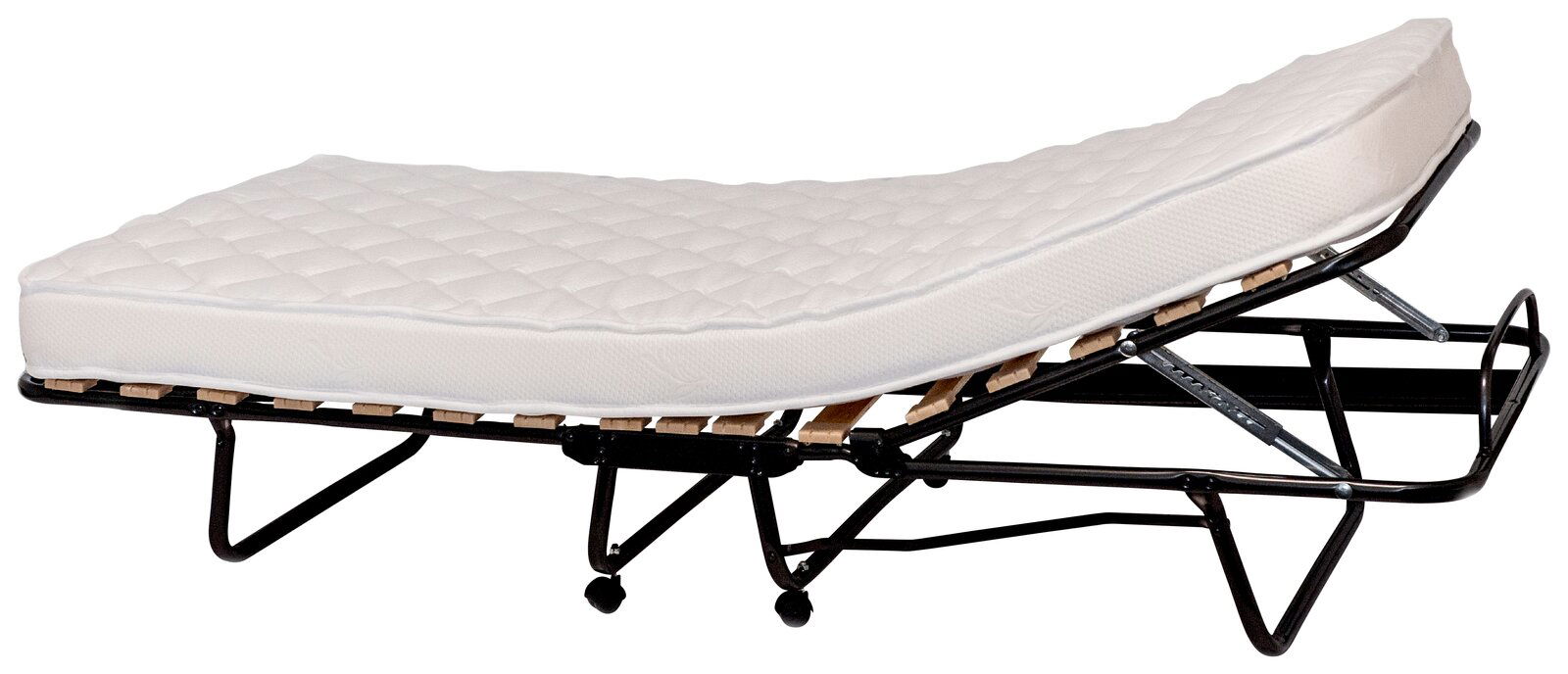 Seitliche Ansicht eines zusammenklappbaren Gästebetts mit weißer Matratze auf einem Metallrahmen mit Rollen.