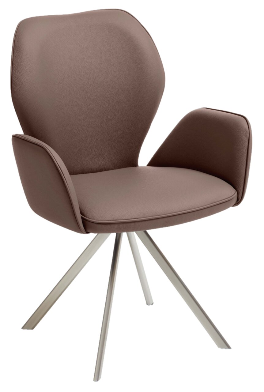 Moderner brauner Sessel mit gepolsterten Armlehnen und Metallbeinen, seitliche Perspektive