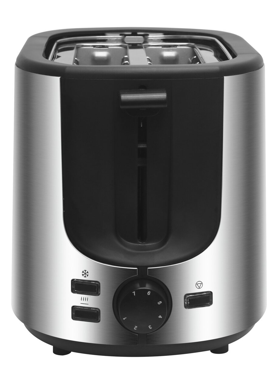 Moderner Edelstahl-Toaster mit zwei Schlitzen, Vorderansicht