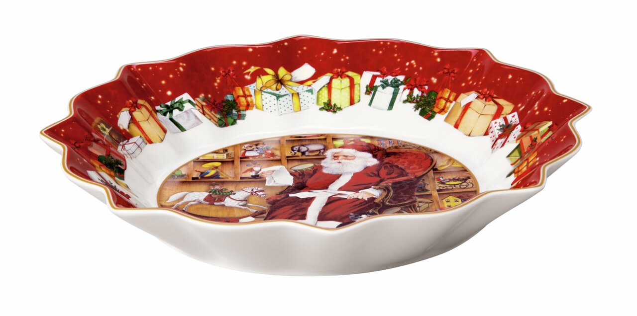 Große Schale mit einem Durchmesser von 25 cm, verziert mit weihnachtlichen Motiven wie Geschenken und einem Weihnachtsmann. Die Schale hat einen wellenförmigen Rand und ist aus der Seitenperspektive abgebildet.