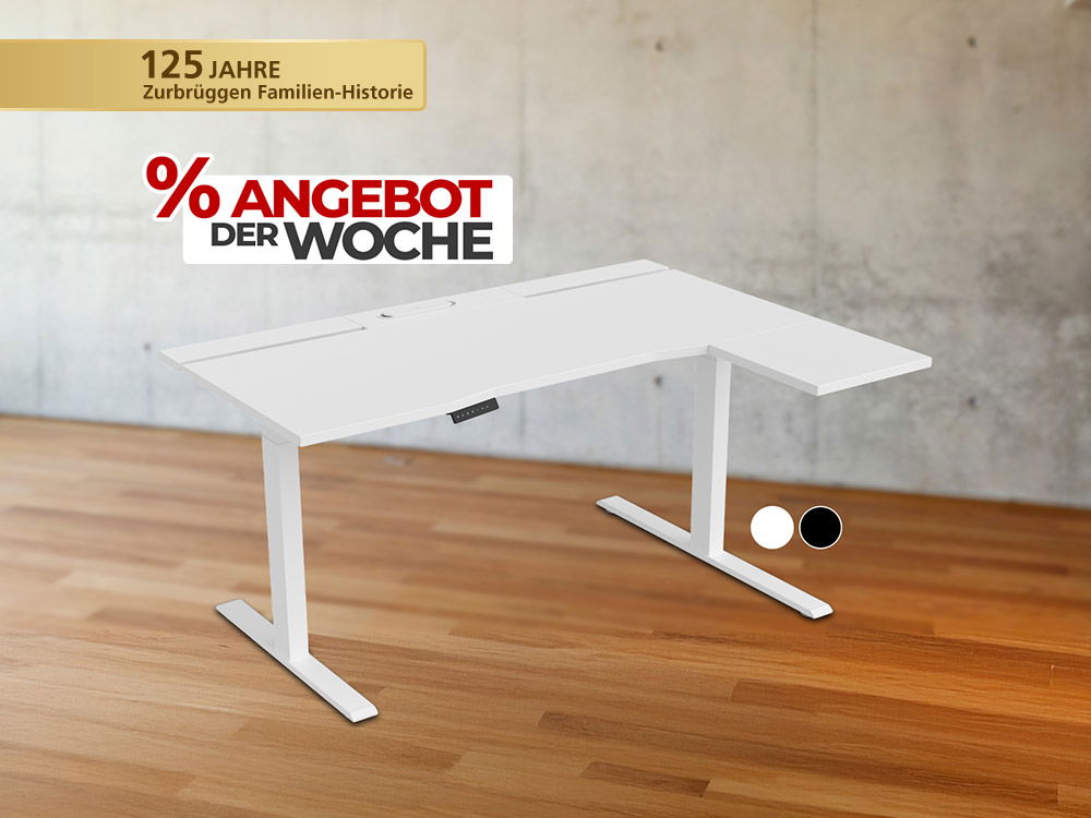 Weißer, höhenverstellbarer Schreibtisch in L-Form auf Holzboden, markiert als „Angebot der Woche“, erhältlich in Weiß oder Schwarz