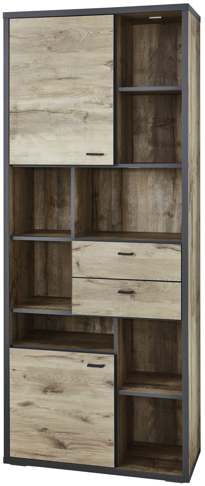 Vitrine aus Holz mit mehreren Fächern und Schubladen, frontal betrachtet