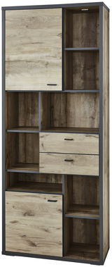 Vitrine aus Holz mit mehreren Fächern und Schubladen, frontal betrachtet