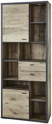 Vitrine aus Holz mit mehreren Fächern und Schubladen, frontal betrachtet