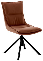 Moderner brauner Stuhl mit gepolsterter Sitzfläche und schwarzem Metallgestell, seitliche Perspektive