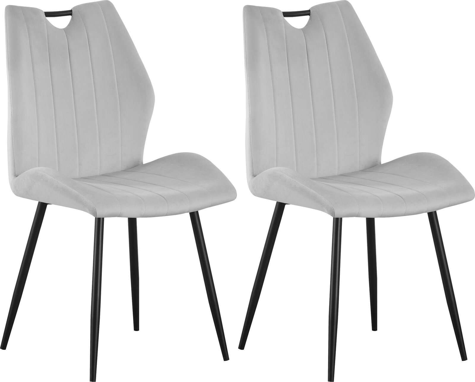 Zwei moderne Polsterstühle in Hellbeige mit vertikaler Steppung, schwarzem Metallgriff an der Rückenlehne und schwarzen Metallbeinen, freigestellt in frontaler Perspektive