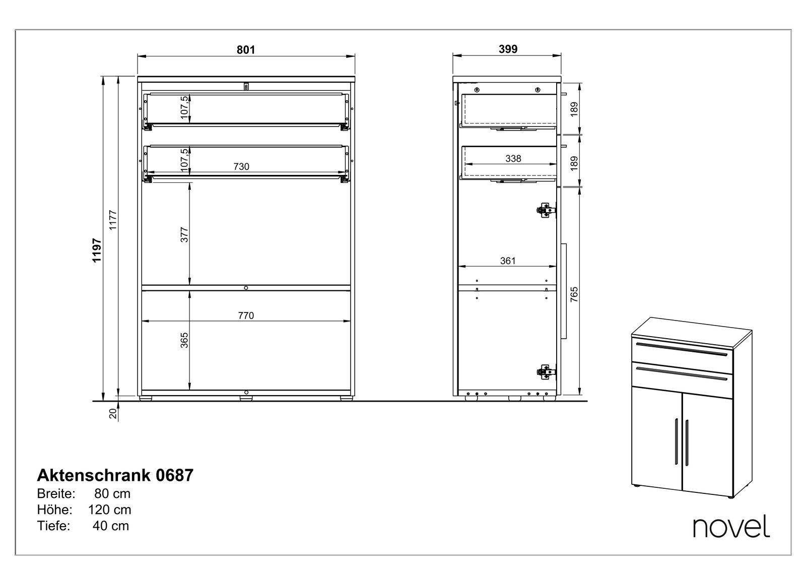 Zeichnung eines niedrigen Aktenschranks mit zwei Schubladen und zwei Türen, Vorder- und Seitenansicht, Maße: Breite 80 cm, Höhe 120 cm, Tiefe 40 cm.