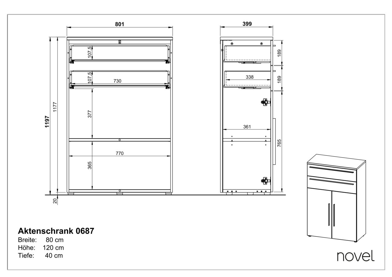 Zeichnung eines niedrigen Aktenschranks mit zwei Schubladen und zwei Türen, Vorder- und Seitenansicht, Maße: Breite 80 cm, Höhe 120 cm, Tiefe 40 cm.