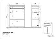 Zeichnung eines niedrigen Aktenschranks mit zwei Schubladen und zwei Türen, Vorder- und Seitenansicht, Maße: Breite 80 cm, Höhe 120 cm, Tiefe 40 cm.