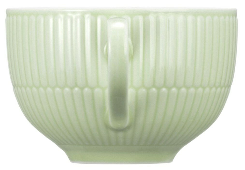 Grüne Milchkaffeeobertasse mit geriffeltem Design, seitliche Perspektive