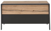 Frontansicht einer modernen Garderobenbank mit Holz- und Metallelementen in natürlicher Optik.