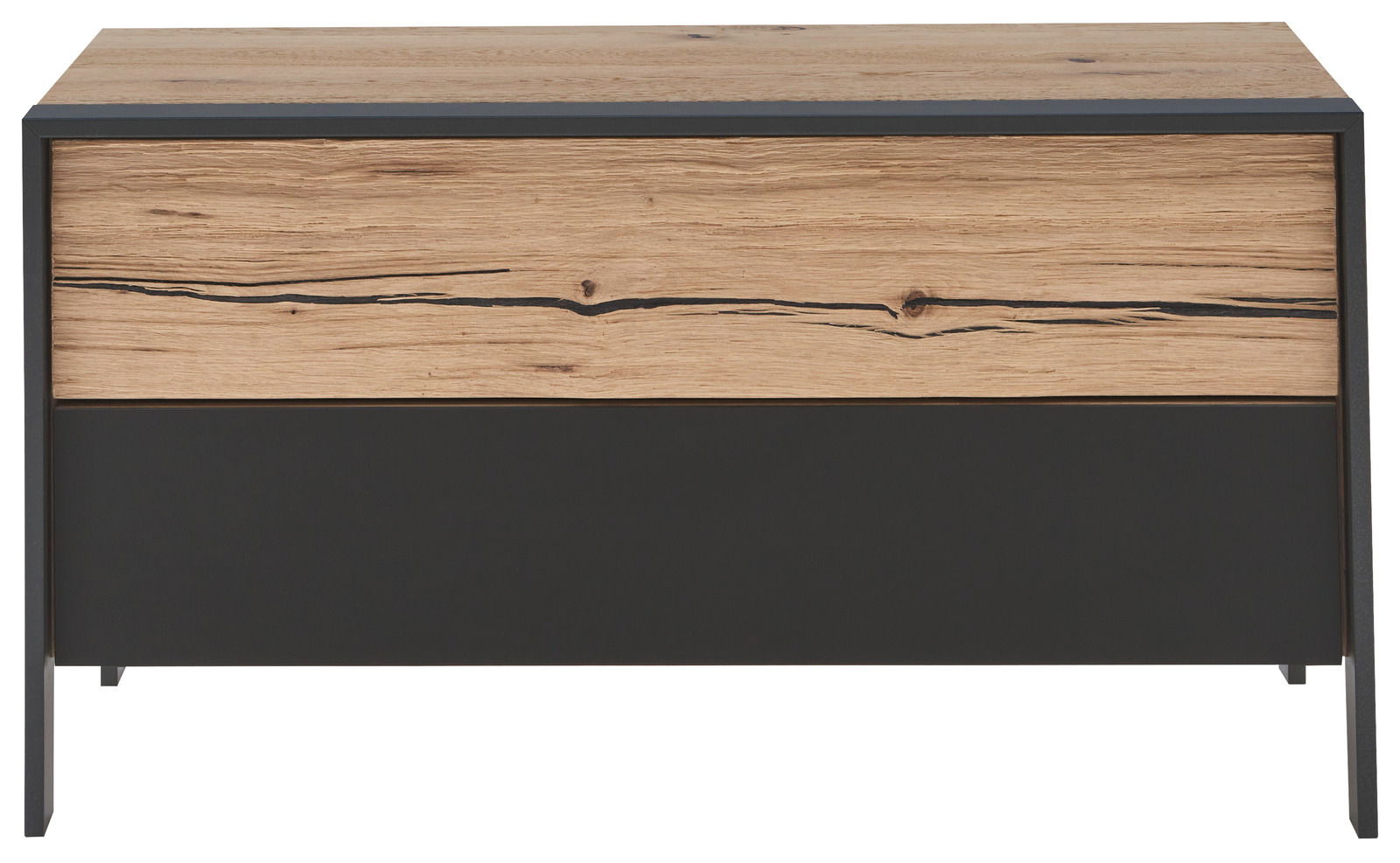 Frontansicht einer modernen Garderobenbank mit Holz- und Metallelementen in natürlicher Optik.