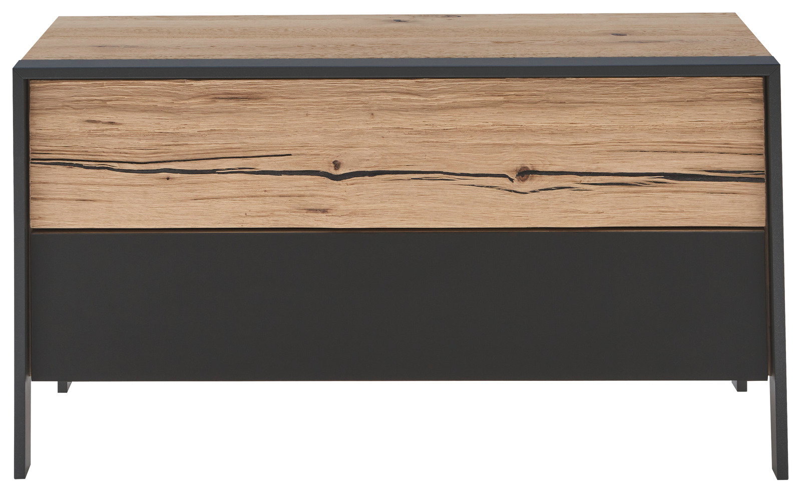 Vooraanzicht van een moderne garderobebank met houten en metalen elementen in een natuurlijke uitstraling.