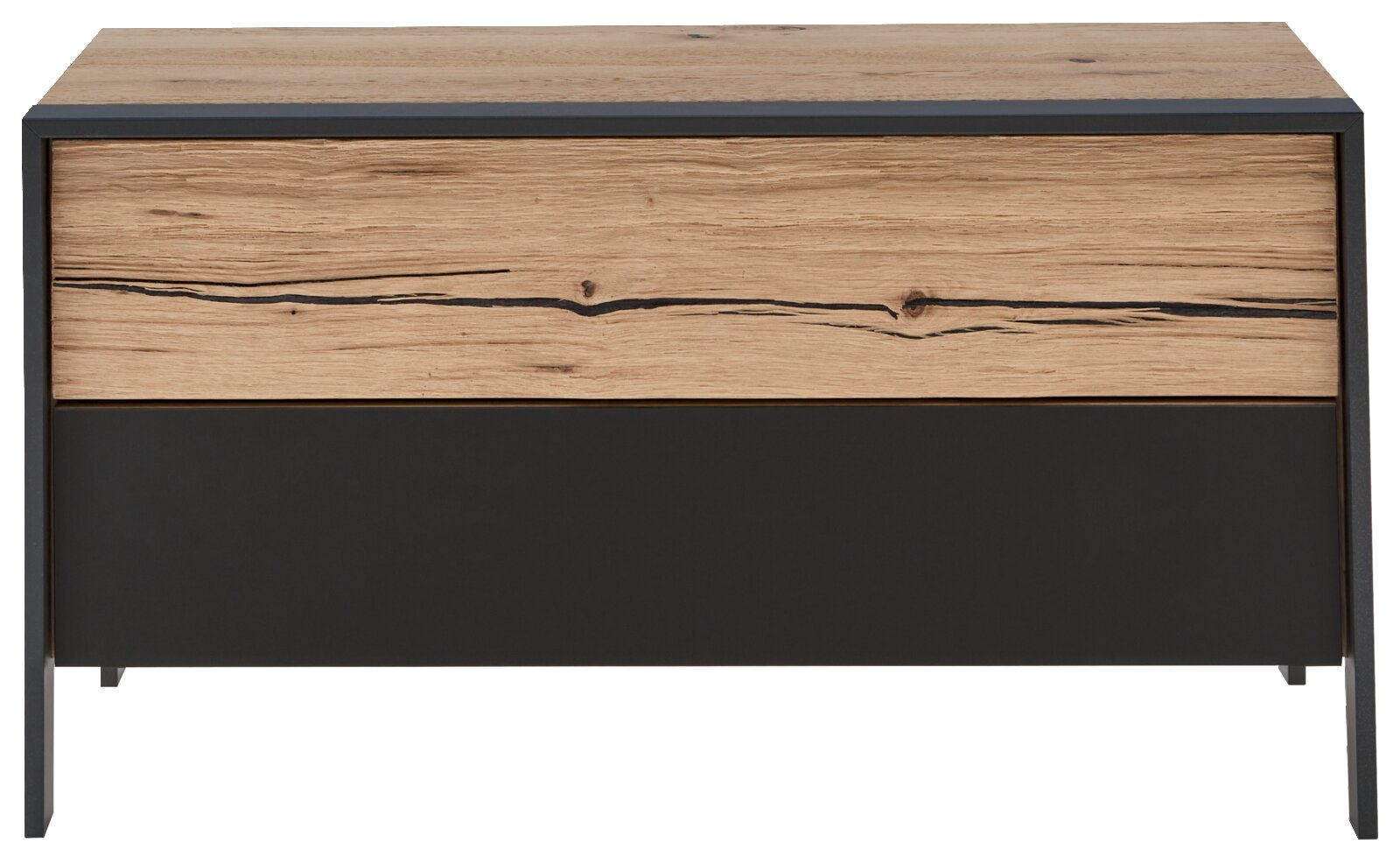 Vooraanzicht van een moderne garderobebank met houten en metalen elementen in een natuurlijke uitstraling.