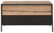 Vooraanzicht van een moderne garderobebank met houten en metalen elementen in een natuurlijke uitstraling.