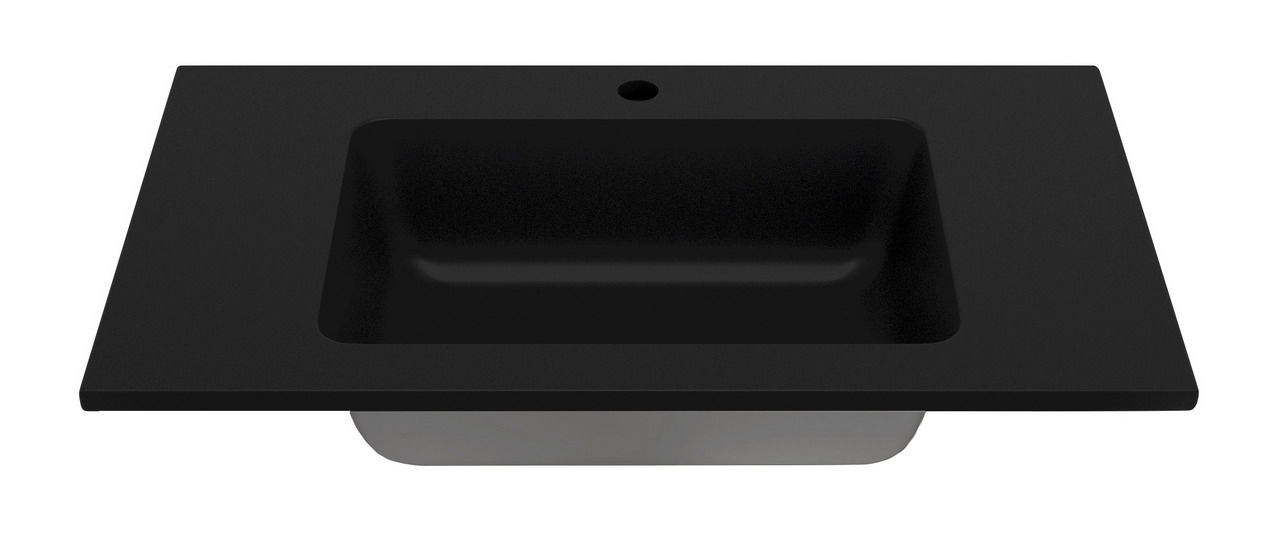 Schwarzes rechteckiges Waschbecken aus der Vogelperspektive mit zentralem Wasserhahnloch.