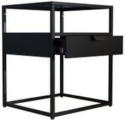 Schwarzer Metall-Nachttisch/Beistelltisch im minimalistischen Design mit offener Ablage und halb geöffneter Schublade, Perspektive: schräg von vorne rechts (3/4-Ansicht)