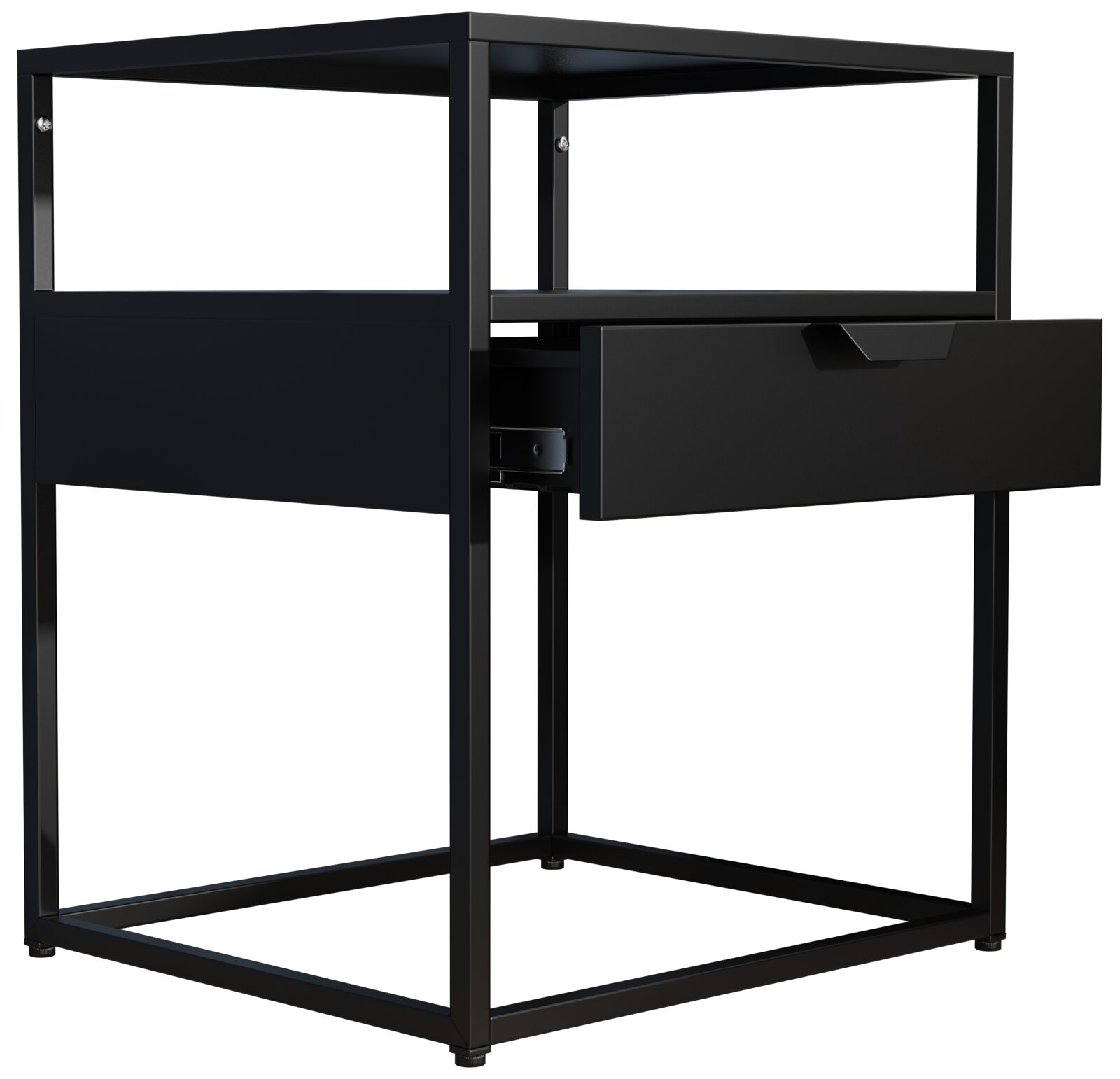 Schwarzer Metall-Nachttisch/Beistelltisch im minimalistischen Design mit offener Ablage und halb geöffneter Schublade, Perspektive: schräg von vorne rechts (3/4-Ansicht)