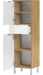 Moderner Holzschrank mit weißen Türen und Schublade, offene Perspektive