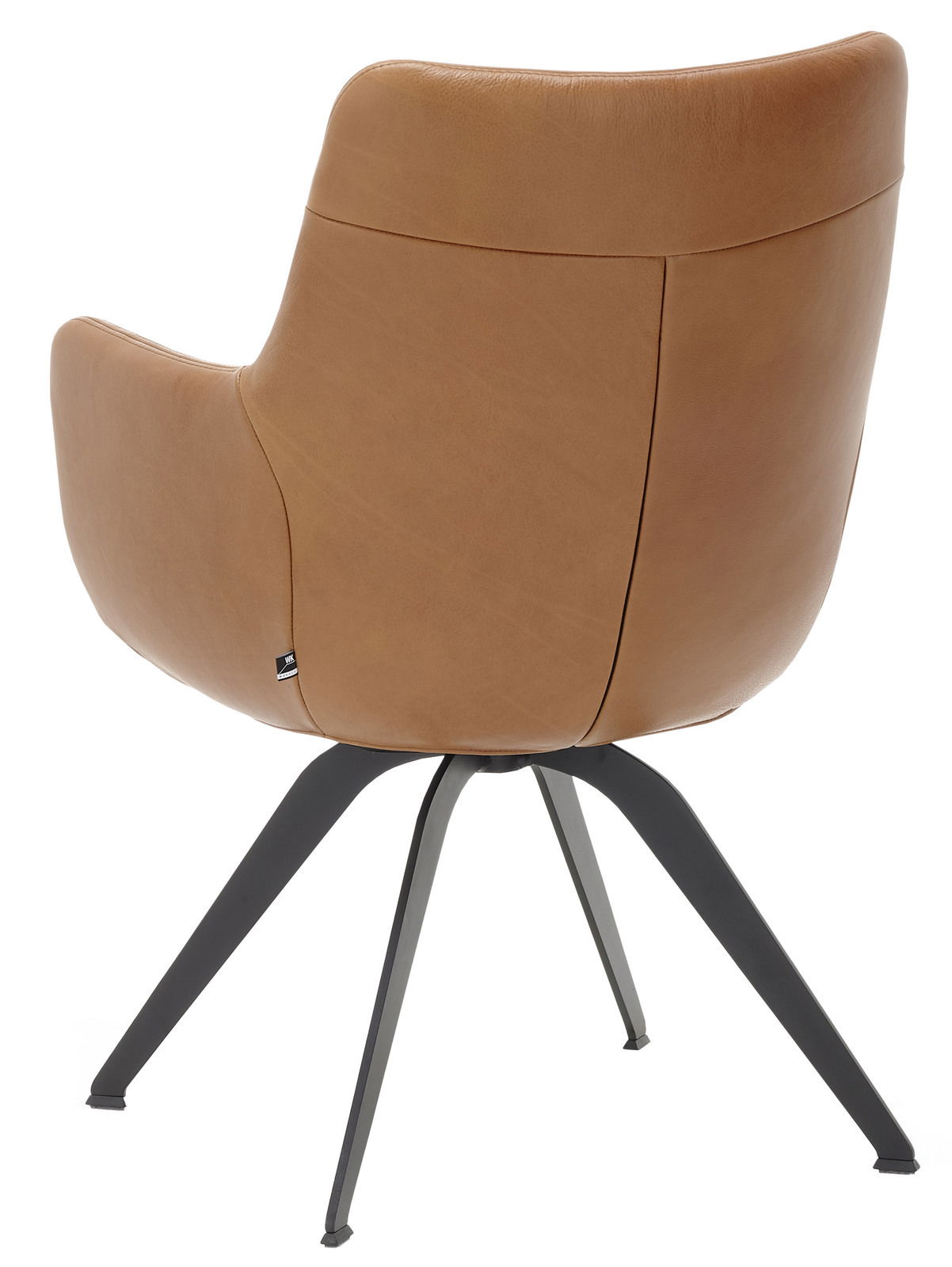 Rückansicht eines modernen Sessels mit braunem Lederbezug und schwarzen Metallbeinen.