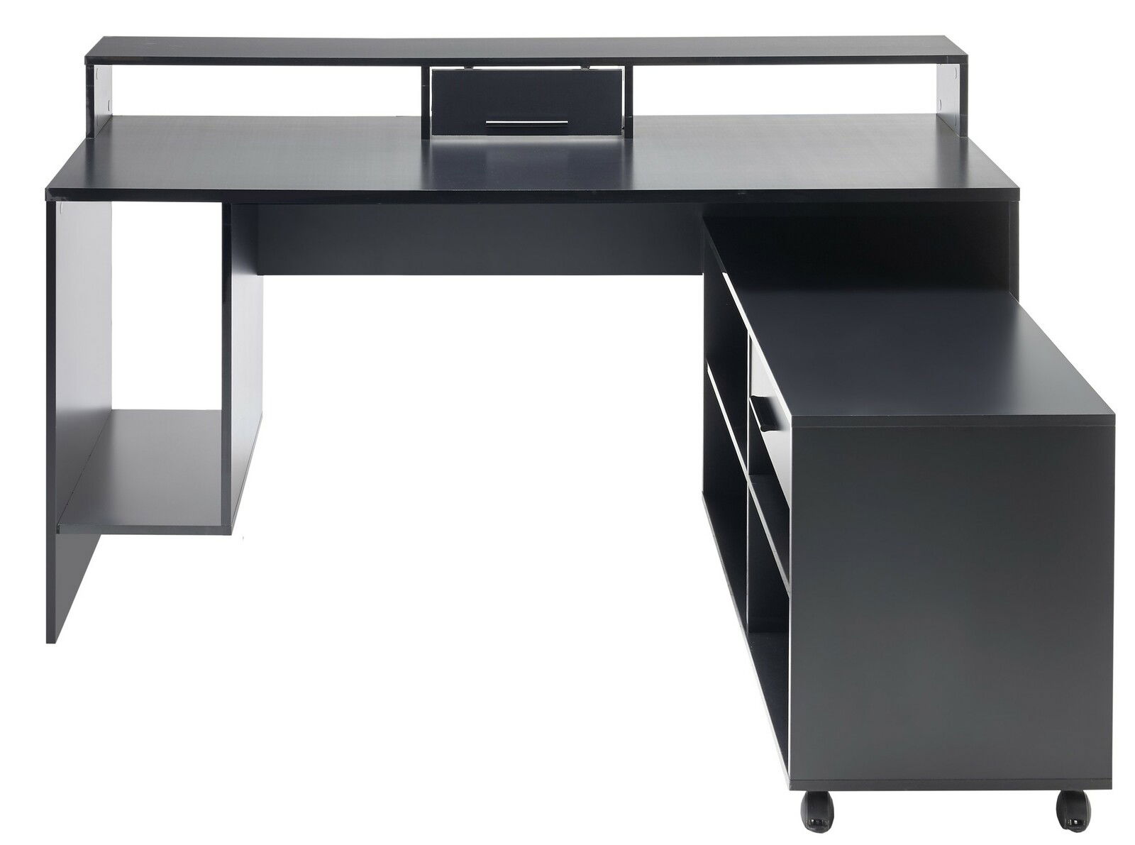 Schwarzer Gaming-Schreibtisch in L-Form mit erhöhtem Regal und mehreren Ablagefächern, Vorderansicht.