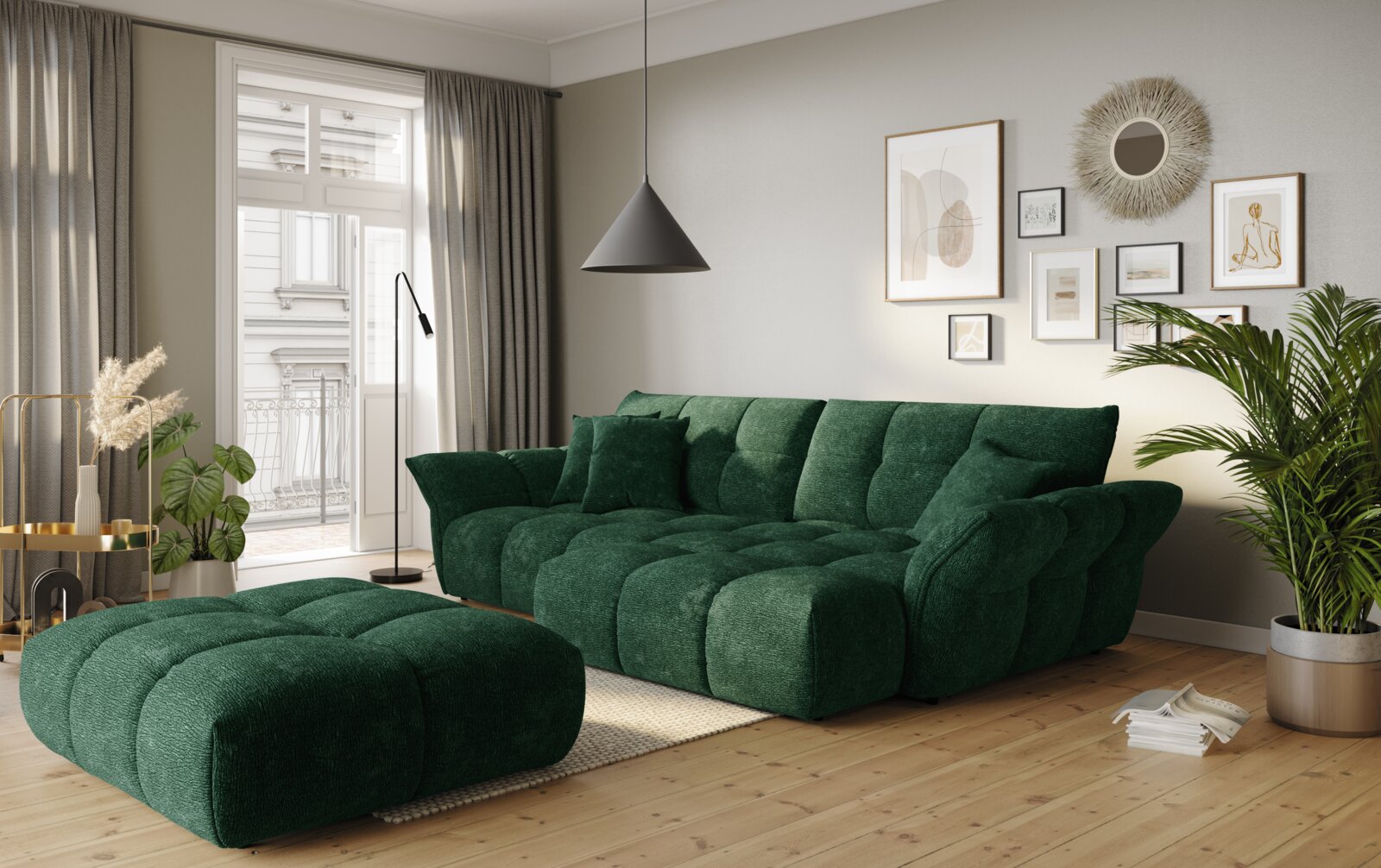 Welnova Megapootstoel TINO Groene, diep gecapitonneerde stoffen 3-zitsbank met bijpassende poef in moderne woonkamer, schuin van voren gefotografeerd (frontaal/3-kwart perspectief).