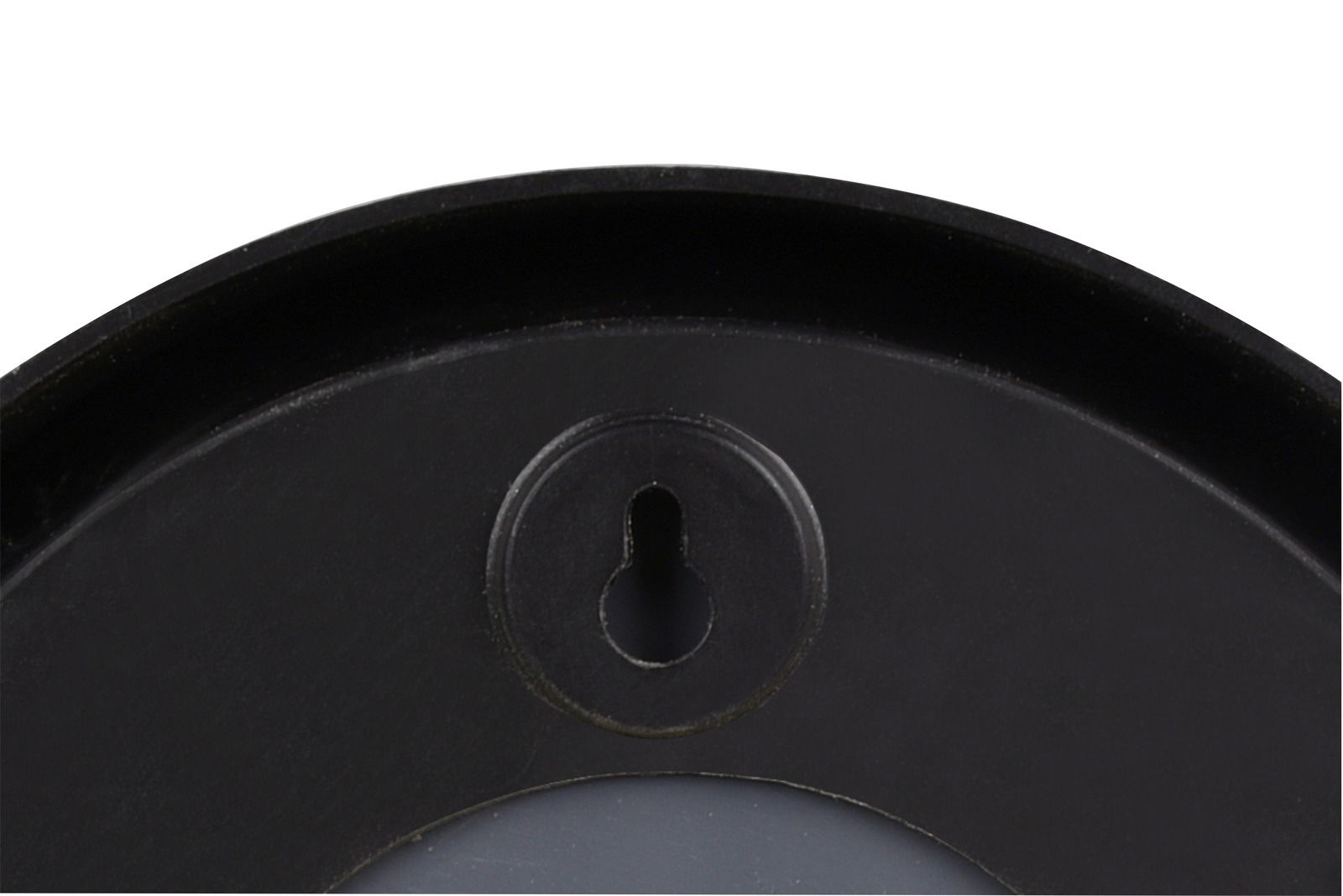 Rückansicht eines schwarzen Rahmens mit Schlüsselloch zur Wandmontage.