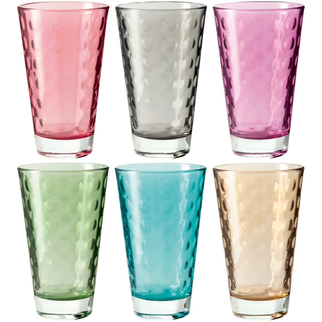 Sechsteiliges Becherset mit 300ml Fassungsvermögen in verschiedenen Farben, aus der Vorderansicht fotografiert.