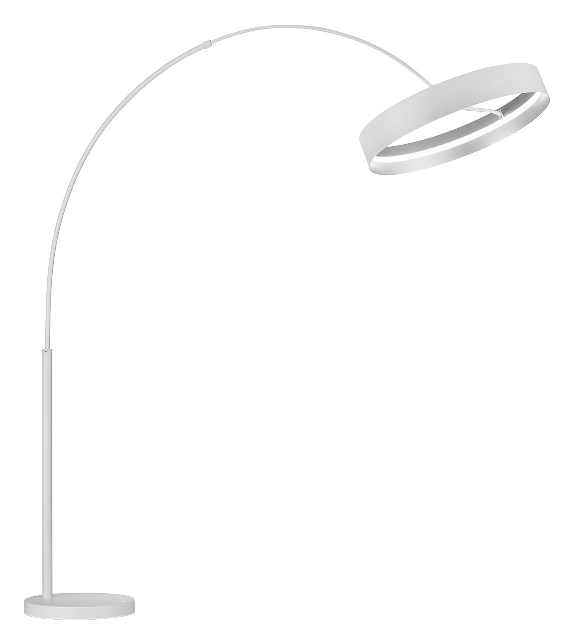 Moderne Stehleuchte LOOP mit gebogenem Arm und rundem Lampenschirm, seitliche Perspektive