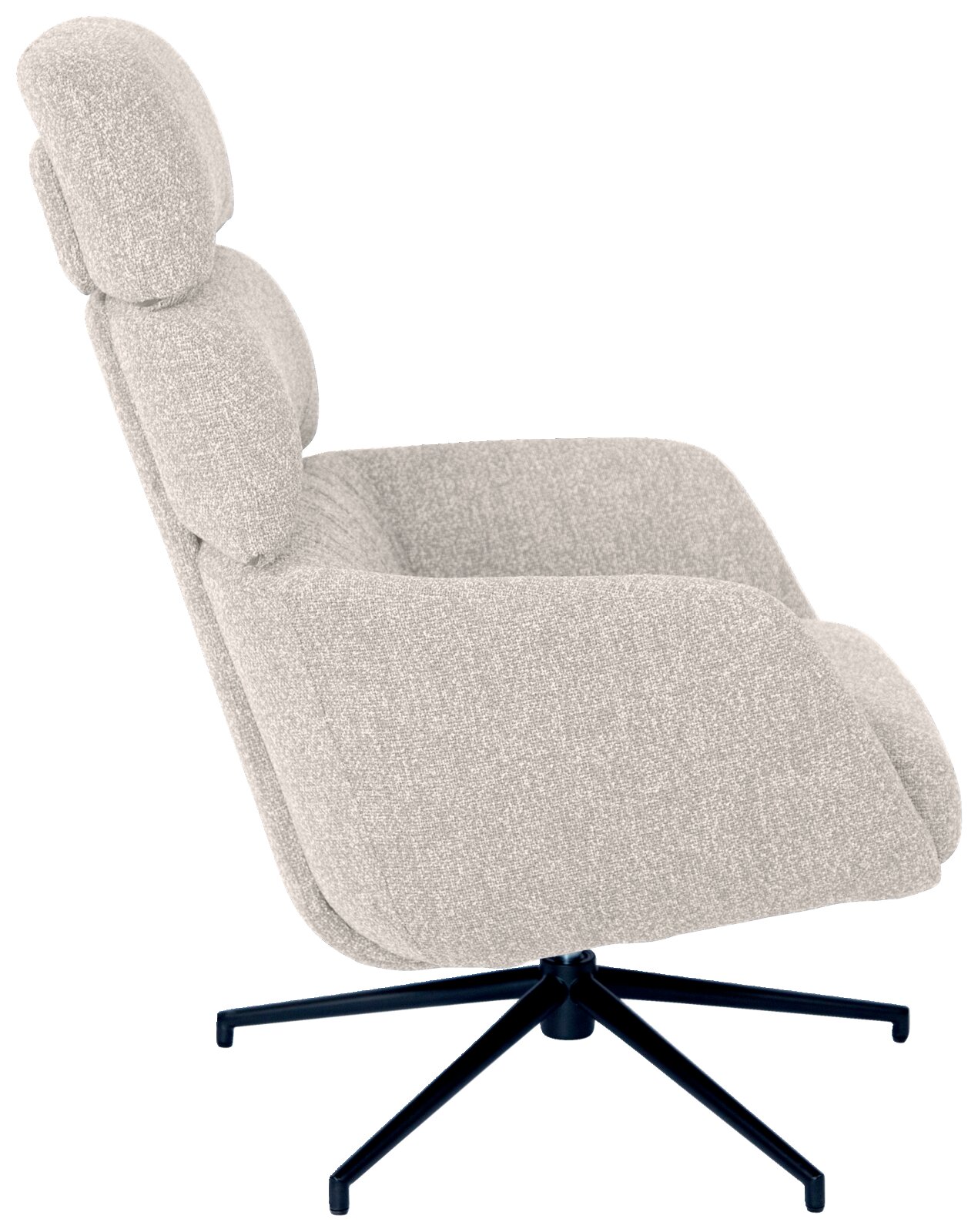 Zijaanzicht van een moderne, lichtgrijze fauteuil met hoge rugleuning en een zwart draaipoot.
