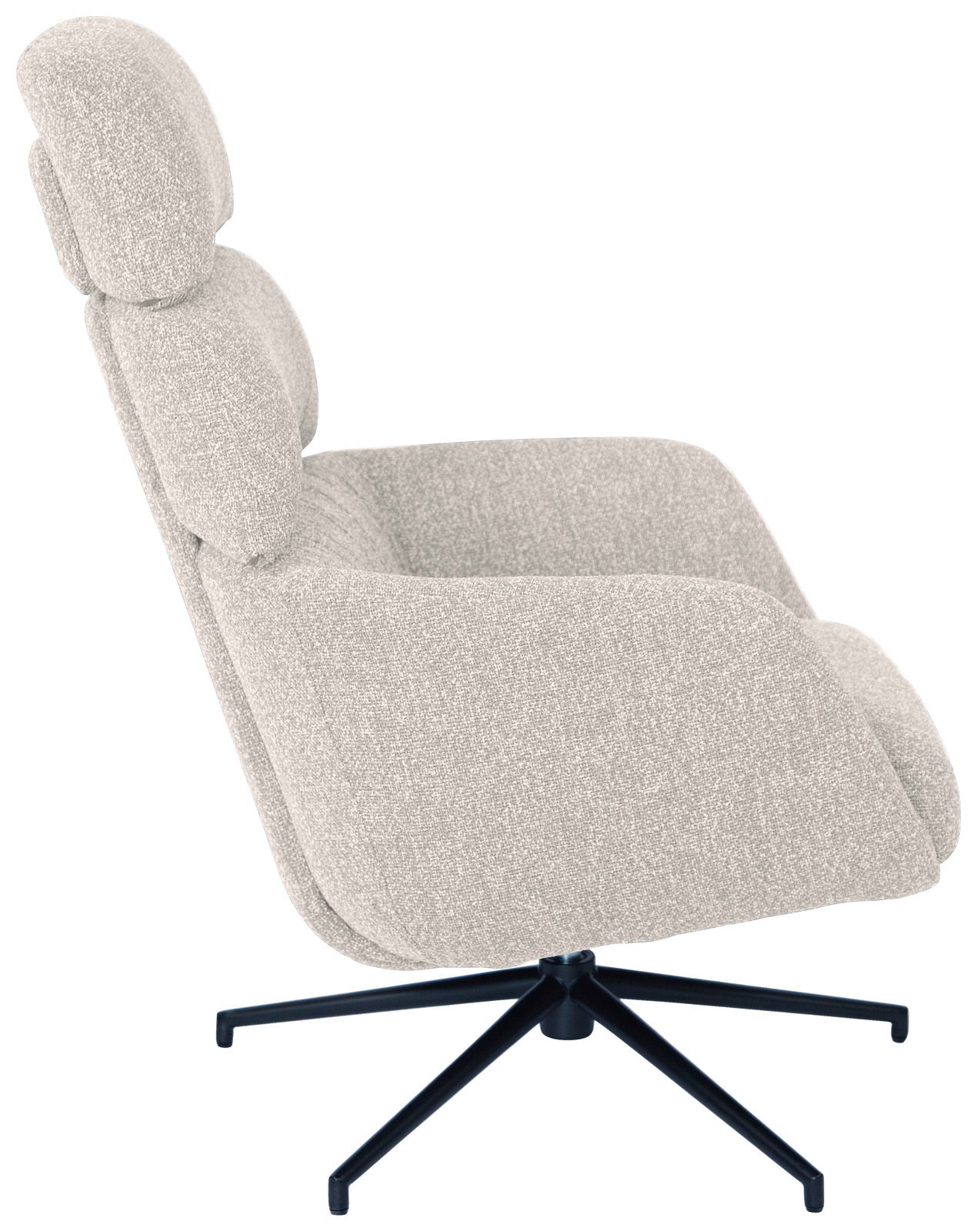 Seitenansicht eines modernen, hellgrauen Sessels mit hoher Rückenlehne und schwarzem Drehfuß.